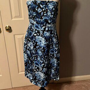 AGB Dress Strapless Blue & Black Floral Print Summer Dress, Size 8